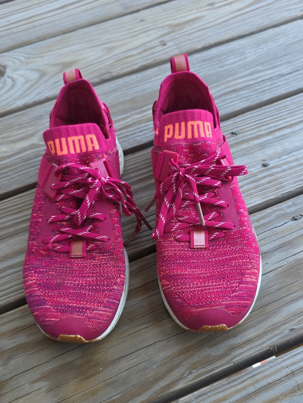 Puma Women's Hot Pink Knit Running Sneakers with Gold Accents